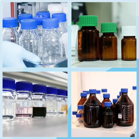 Assorted glass bottles with blue and green screw caps displayed in a laboratory setting.