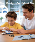 Child and adult assembling Fighter Jet from 12-In-1 STEM Building Blocks Kit Ages 4 To 8 139 Pieces with manual
