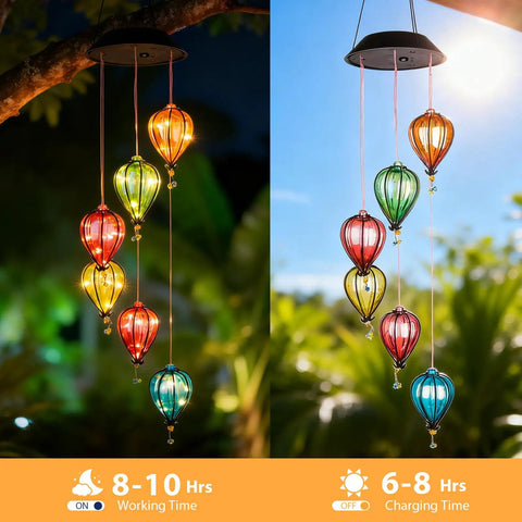 Solar Wind Chimes Outdoor Lights With 30 Warm White LEDs Hot Air Balloon Style Hanging Decor Auto On Off Light Sensing Waterproof