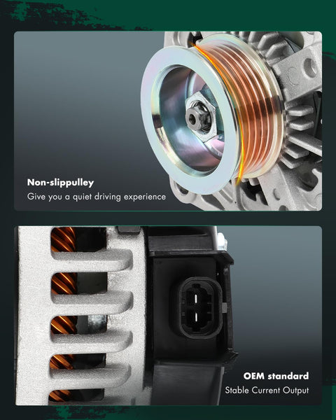 Close-up of a Beefed Up 220 Amp 12V Alternator Replacement for Chevrolet and GMC vehicles with visible pulley and electrical connector.