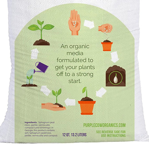 All Natural Compost Based Seed Starter Mix 12 Quart Bag Kickstart Your Seedlings With Fast Germination And Strong Roots For Indoor Gardens Raised Beds And Transplants package showing growing plants cycle on label