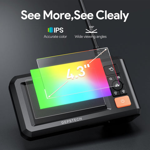 Industrial Borescope Tool With 4.3 Inch IPS Screen Bluart 3.0 Tech HD Endoscope Camera showing 4.3-inch display dimensions