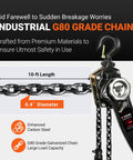 KOERZORE manual lever chain hoist with 10 ft chain and 0.4 in G80 galvanized steel chain, front view