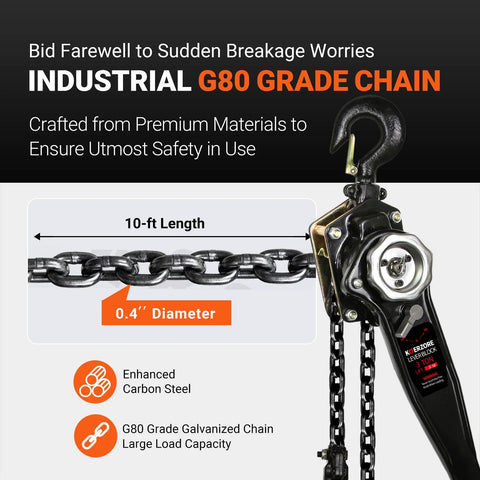 KOERZORE manual lever chain hoist with 10 ft chain and 0.4 in G80 galvanized steel chain, front view