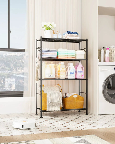 Kick Clutter Out With These Four Tier Storage Shelves Packing Six Tough As Nails Hooks And Self Leveling Feet No Sweat Assembly Rust Proof Steel Organizer Rack For Garage Kitchen Bedroom Black in laundry room.
