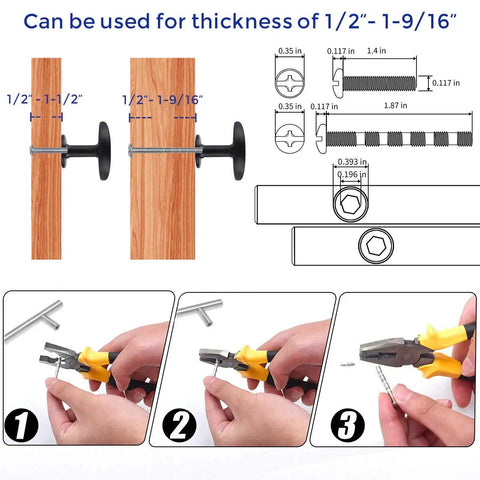 Installation guide for 60 Pack Matte Black Zinc Kitchen Cabinet Knobs And Drawer Pulls For Dressers Euro Style Hardware Upgrade With Sleek Round Knobs Built To Last And A Breeze To Install For Cabinets And Doors showing compatibility with 1/2 to 1-9/16 inch thickness.