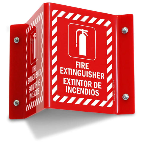 Fire Extinguisher Sign Bilingual Projecting Sign 5 By 6 Inch Acrylic Durable Outdoor Grade Emergency Safety Sign With Dual Language Messaging That Projects In Both Directions For Easy Location In Crises