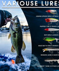 Angler holding fish with 27-Piece Fishing Lures Kit With Hard And Soft Baits for bass, trout, pike displayed beside in water.