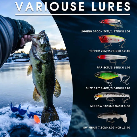 Angler holding fish with 27-Piece Fishing Lures Kit With Hard And Soft Baits for bass, trout, pike displayed beside in water.