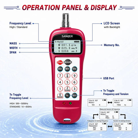 Sonic Belt Tension Meter Gauge For Drive Belts With Acoustic Probe, Measures 0.01N To 99900N And 10.0 Hz To 5000 Hz, Delivers Precise Tension Readings To Boost Performance And Cut Premature Wear For DIYers And Pros. red handheld meter with LCD screen and keypad