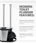 Heavy Duty Toilet Brush And Plunger Combo With Killer Suction And Sturdy Bristles For No Sweat Clog Removal Plus Straight Up Bathroom Deep Cleaning Freshness In Black, modern plunger with stainless steel handle and compact design.
