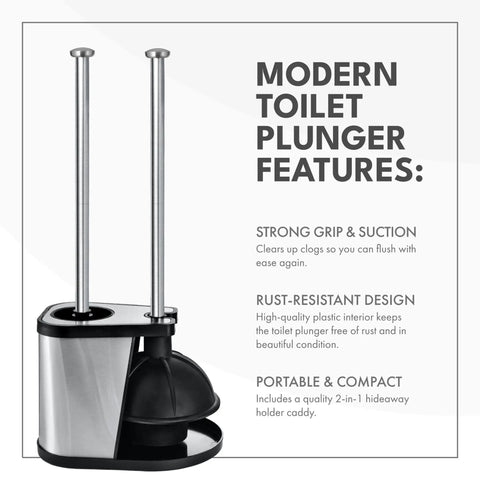 Heavy Duty Toilet Brush And Plunger Combo With Killer Suction And Sturdy Bristles For No Sweat Clog Removal Plus Straight Up Bathroom Deep Cleaning Freshness In Black, modern plunger with stainless steel handle and compact design.