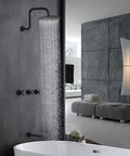Matte Black Three-Handle Shower Faucet Set With Tub Spout, Wall Mounted Stainless Steel Bath Faucet in stylish bathroom setting