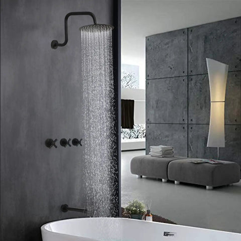 Matte Black Three-Handle Shower Faucet Set With Tub Spout, Wall Mounted Stainless Steel Bath Faucet in stylish bathroom setting