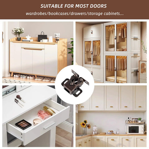 Tough As Nails Cabinet Door Latch And Double Roller Catch Hardware shown on different cabinet types, including kitchen and wardrobe settings