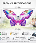 Dimensions and specifications of Flapping Wing RC Butterfly Drone With Sensor Assisted 4 Axis Gyro Stabilizer LED Lights
