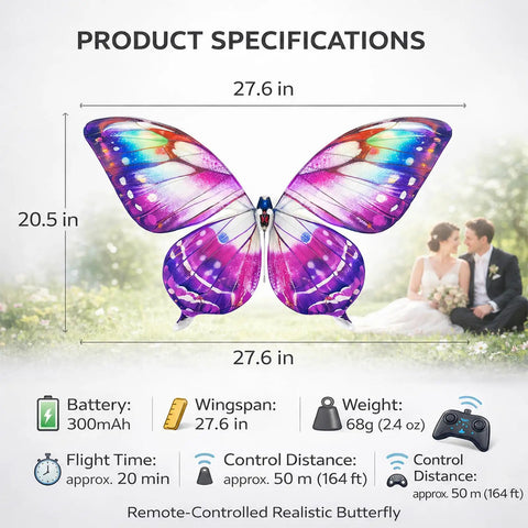 Dimensions and specifications of Flapping Wing RC Butterfly Drone With Sensor Assisted 4 Axis Gyro Stabilizer LED Lights