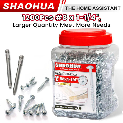 One And A Quarter Inch Pocket Hole Screws Set, 1200 Pcs, Coarse Thread For Furniture And Cabinets, Zinc Plated, Size Number Eight