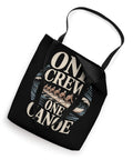 Black One Crew One Canoe Rowing Tote Bag with team spirit graphic, durable paddle carryall for regattas, early practice, 16x16in size.