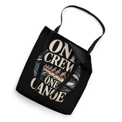 Black One Crew One Canoe Rowing Tote Bag with team spirit graphic, durable paddle carryall for regattas, early practice, 16x16in size.