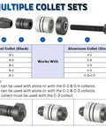 weyleity exhaust pipe expander tool set; front view shows 28mm capacity steel black and aluminum collets with bolt
