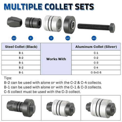 weyleity exhaust pipe expander tool set; front view shows 28mm capacity steel black and aluminum collets with bolt