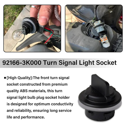 Two Pack 92166-3K000 Front Turn Signal Socket Holder Kit showing socket details and installation for Kia Soul Sportage