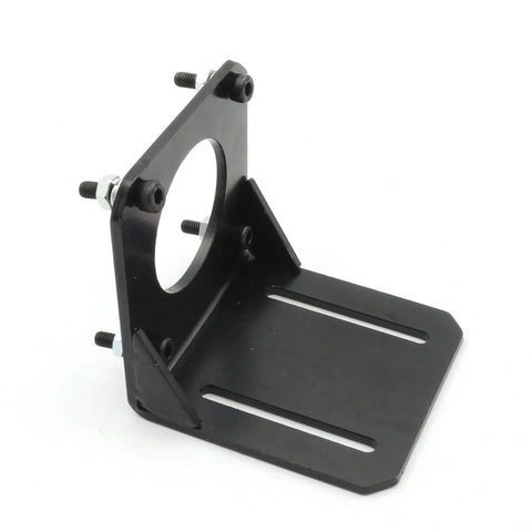 Black steel Nema23 stepper motor mounting bracket with circular mounting hole and slotted base; bolts included