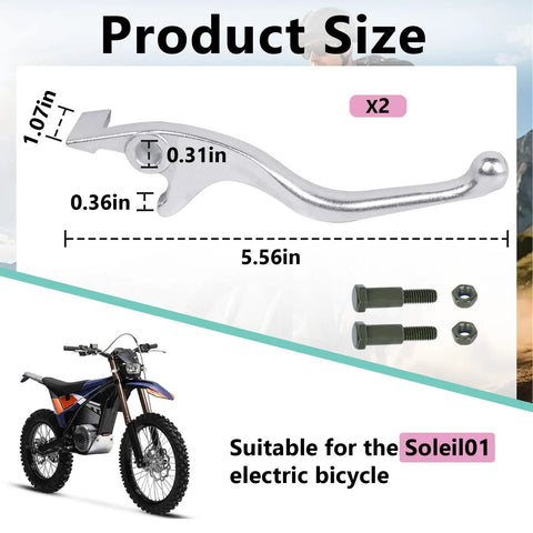 Detail of left and right hand brake levers for Tuttio Soleil01 e-bike shown with dimensions and hardware included.