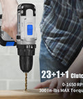 Person using 20V Cordless Impact Drill Driver Kit with Battery and Fast Charger on wood, 2-Speed, 300 In-Lbs Max Torque