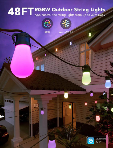 48 Ft RGBIC Outdoor String Lights With 15 Dimmable LEDs IP65 Waterproof Color Changing Warm White 47 Scene Modes App Controlled Mood Lighting For Patio Backyard And Deck illuminating a house exterior at dusk