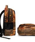 Log Cabin Maple Scene Printed Unisex Backpack with side and front views, durable polyester, breathable fabric, smooth zipper
