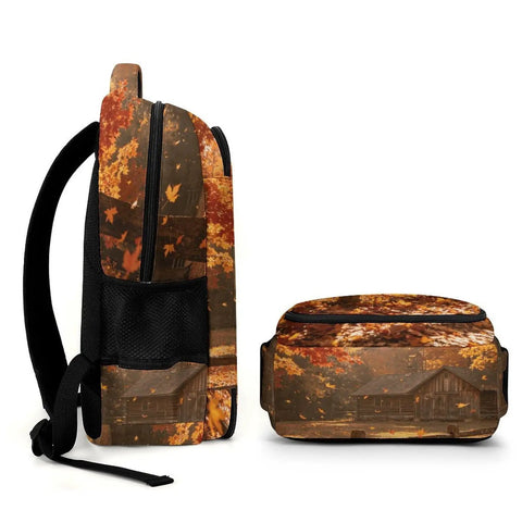 Log Cabin Maple Scene Printed Unisex Backpack with side and front views, durable polyester, breathable fabric, smooth zipper