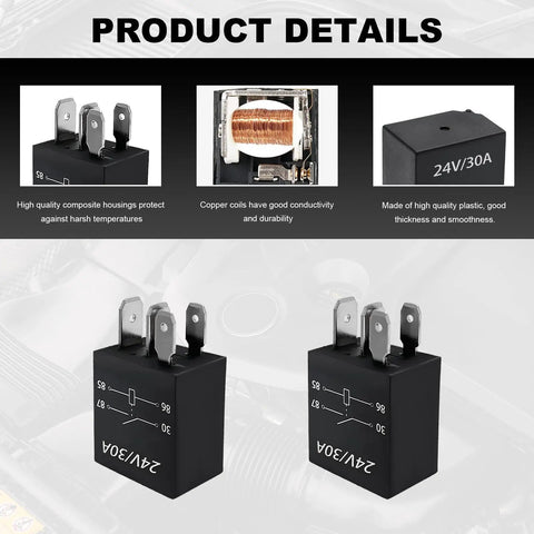 Heavy Duty 24V 30A 4 Pin Car Starter Relay, showcasing components and durability details