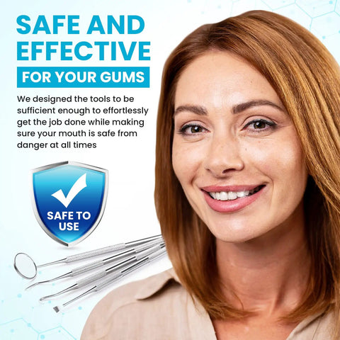 At Home Plaque Remover Kit With Stainless Steel Dental Tools, safe and effective for gums, smiling woman, and tools image