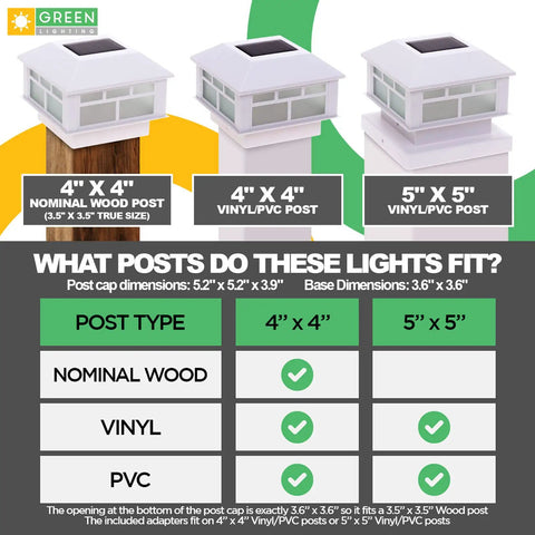 Diagram showing Solar Powered LED Torch Post Cap Lights for 4x4 or 5x5 Posts, Modern Flame Design, White Finish, 12 Pack compatibility