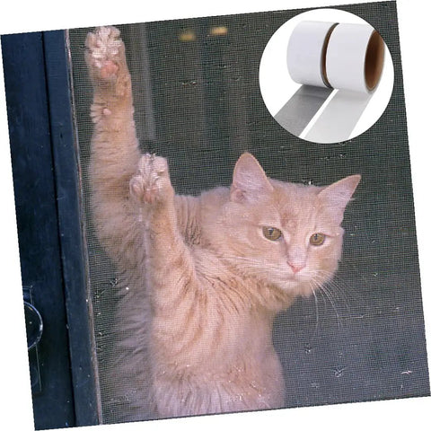 Cat stretching on window screen with inset image showing Two Roll Window Screen Repair Tape With Heavy Duty Adhesive Mesh Patch For Quick Diy Fixes Lightweight Breathable And Easy To Cut Ideal For Home Windows Doors Patios Tents RV Screens And More
