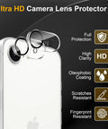 Three Pack Camera Lens Protector For iPhone 16e And iPhone 17e, Tempered Glass, shown on rear lenses with protection features