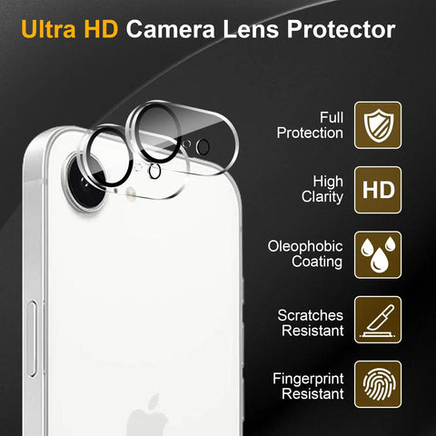 Three Pack Camera Lens Protector For iPhone 16e And iPhone 17e, Tempered Glass, shown on rear lenses with protection features