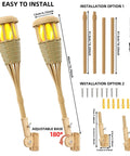Upgraded Flickering Flame Solar Powered Torches with adjustable base, bamboo weave, for outdoor gardens and patios installation guide.