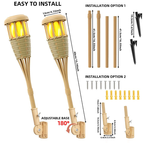 Upgraded Flickering Flame Solar Powered Torches with adjustable base, bamboo weave, for outdoor gardens and patios installation guide.