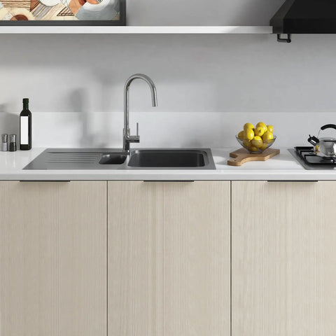 Matte Black Finger Edge Cabinet Pulls Six And One Quarter Inch, 20 Pack installed on kitchen cabinet doors