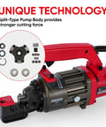 Pekelectric Hydraulic Rebar Cutter 3/4 Inch Power Tool Cuts Steel Bar Fast showing split-type pump body for stronger cutting force.