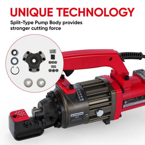 Pekelectric Hydraulic Rebar Cutter 3/4 Inch Power Tool Cuts Steel Bar Fast showing split-type pump body for stronger cutting force.