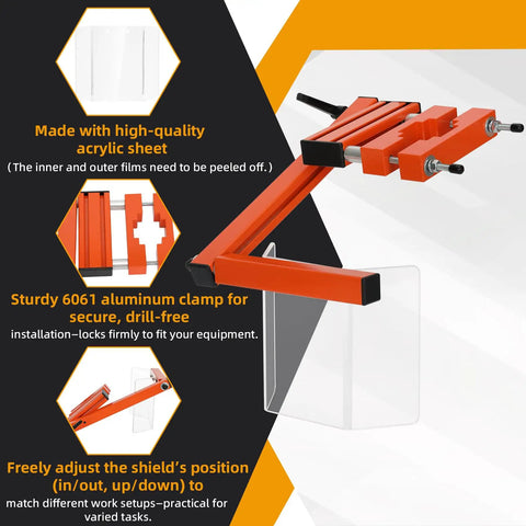 Drill Press Guard With Flip Up Shield For 2 To 4 Inch Column Diameters Adjustable Protective Cover, featuring acrylic and aluminum components