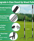 46 Inch Stand Up Weed Puller Tool, 4 Claw Weeder With Adjustable Handle shown with stainless steel connector features.