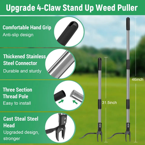 46 Inch Stand Up Weed Puller Tool, 4 Claw Weeder With Adjustable Handle shown with stainless steel connector features.