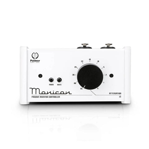 Front view of Passive Monitor Controller With Mute And Mono Button, white finish, studio grade volume control for pro setups.
