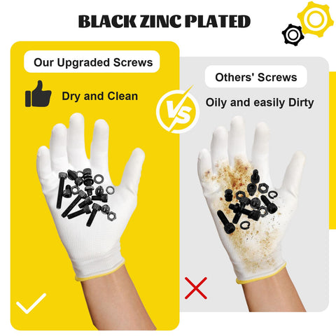 Comparison of clean black zinc plated screws vs dirty screws, highlighting the All In One 272 Piece M5 Screws Nuts Washers Kit benefits.