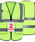 Heavy Duty Hi Vis Reflective Safety Vest In Bright Neon Green With Spacious Pockets Lightweight Mesh Workwear For Contractors And Road Crews, front and back view, 2 pack.